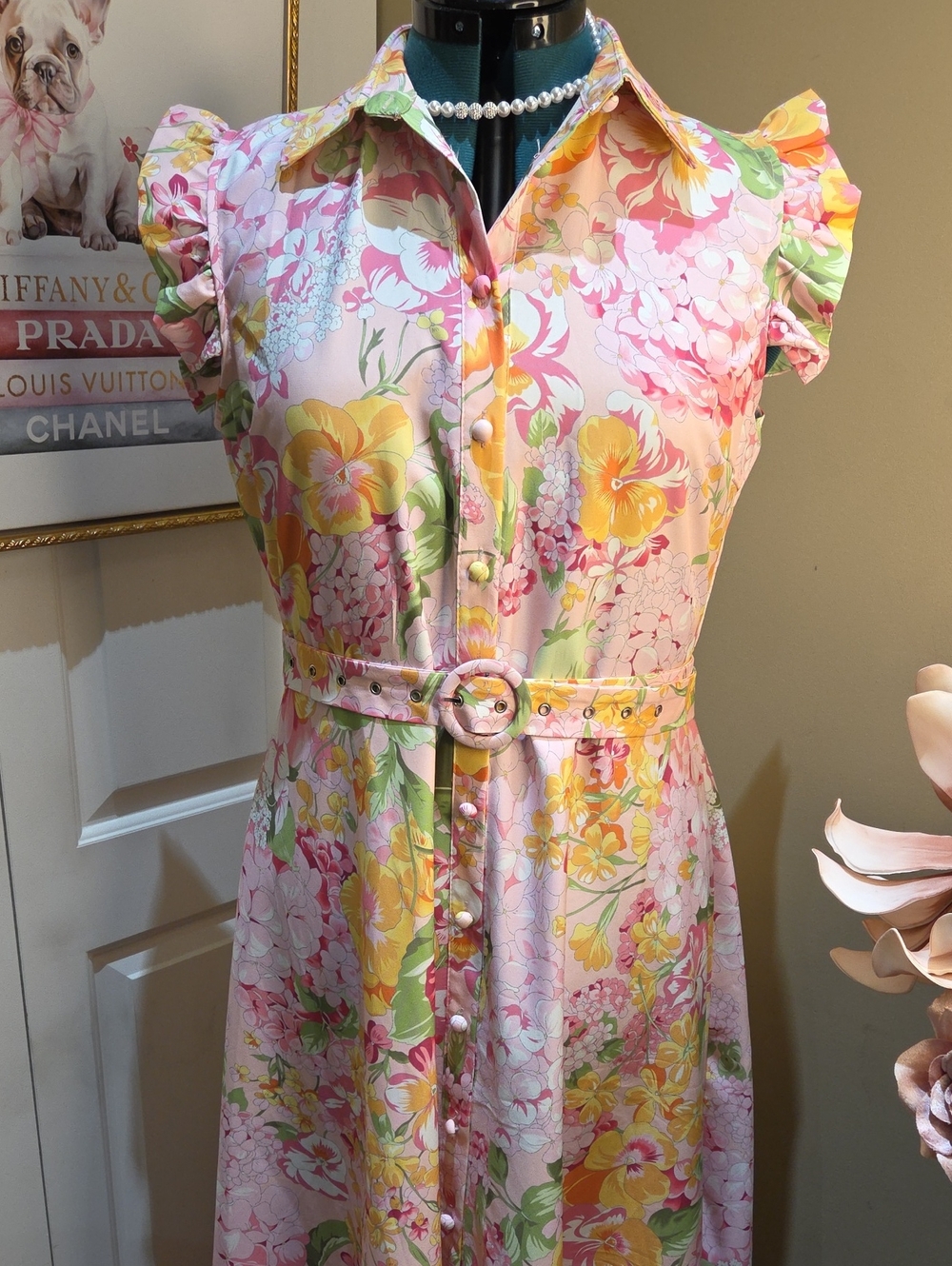 Nwt Large & Medium Dalia Macphee Pink Floral Midi Dress with Collar & Ruffle - Picture 9 of 17